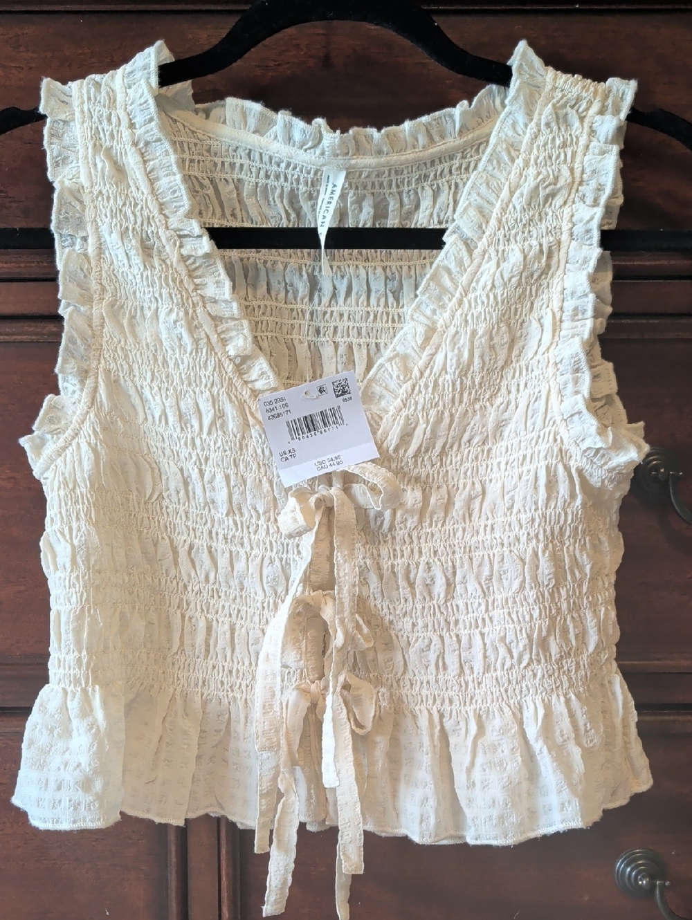 American Eagle AE XS Smocked Ruffle Tie-Front Women’s Top - Cream NWT